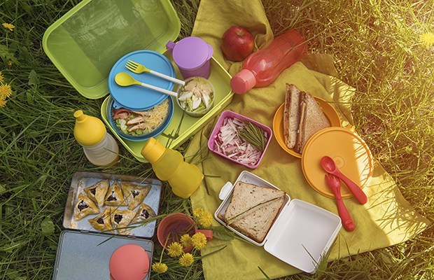 Top view of various picnic food at outdoor