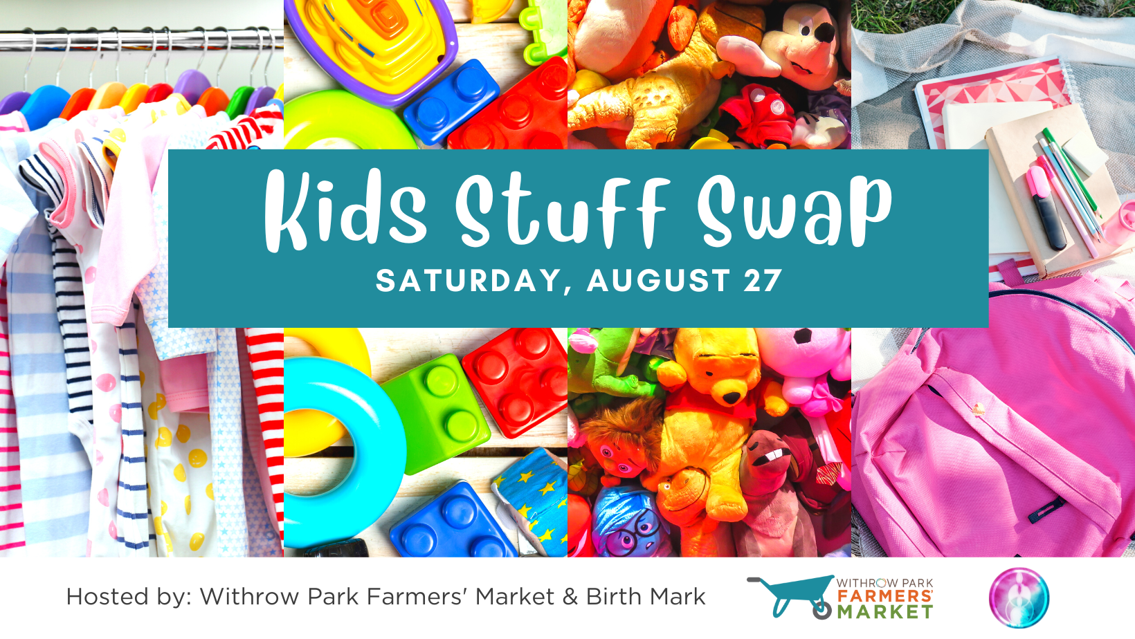 Text that says Kids Stuff Swap with toys, kids clothing, and school supplies in the background